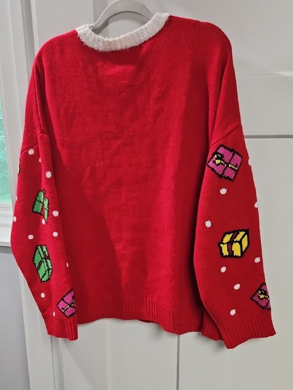 Peanuts Red Snoopy Holiday Crewneck Sweater with Colorful Gift Motifs - Picture 3 of 3